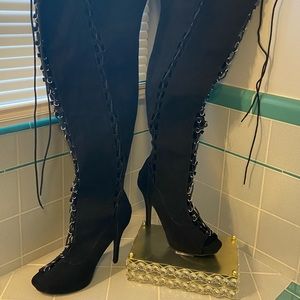 Laced Up Black Thigh High Boots Size 9w